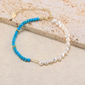 925 Sterling Silver Vintage Turquoise Pearl Chain Bracelet 100500032