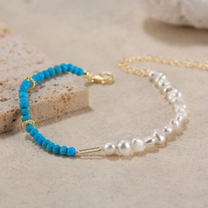 925 Sterling Silver Vintage Turquoise Pearl Chain Bracelet 100500032