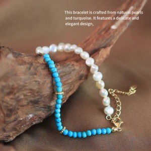 925 Sterling Silver Vintage Turquoise Pearl Chain Bracelet 100500032