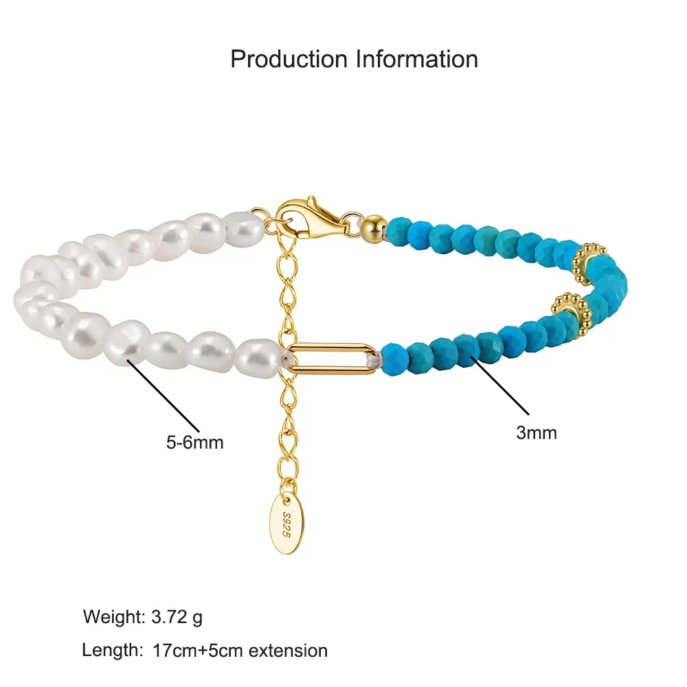 925 Sterling Silver Vintage Turquoise Pearl Chain Bracelet 100500032 - image2