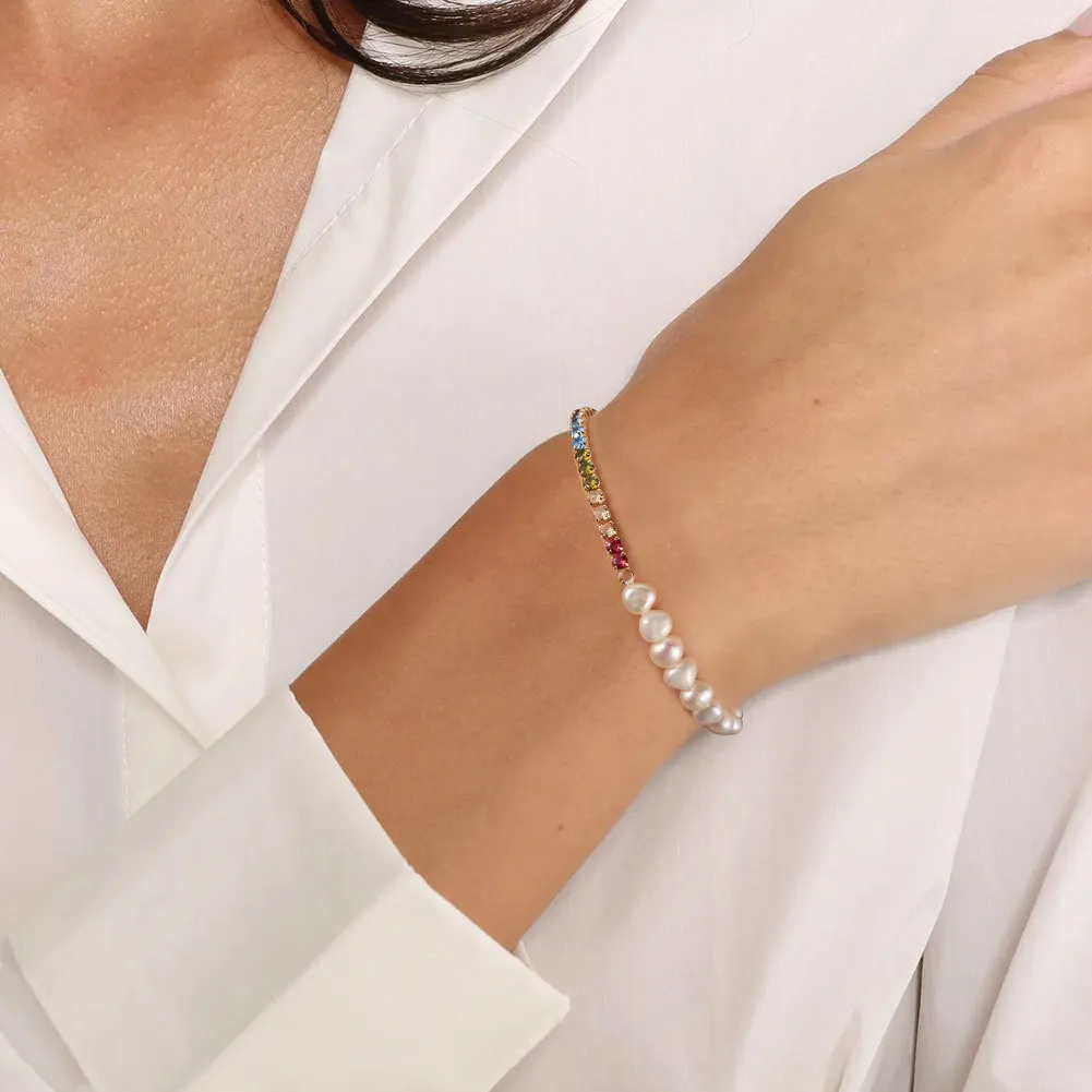 925 Sterling Silver Colorful  Zircon Tennis Pearl Bracelet 100500034 - image1