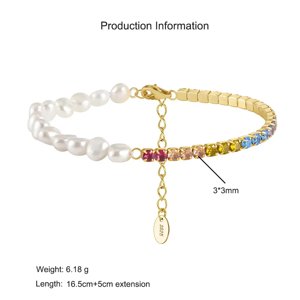 925 Sterling Silver Colorful  Zircon Tennis Pearl Bracelet 100500034 - image2