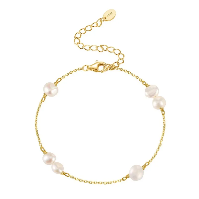 925 Sterling Silver Pearl Dainty Chain Bracelet 100500036