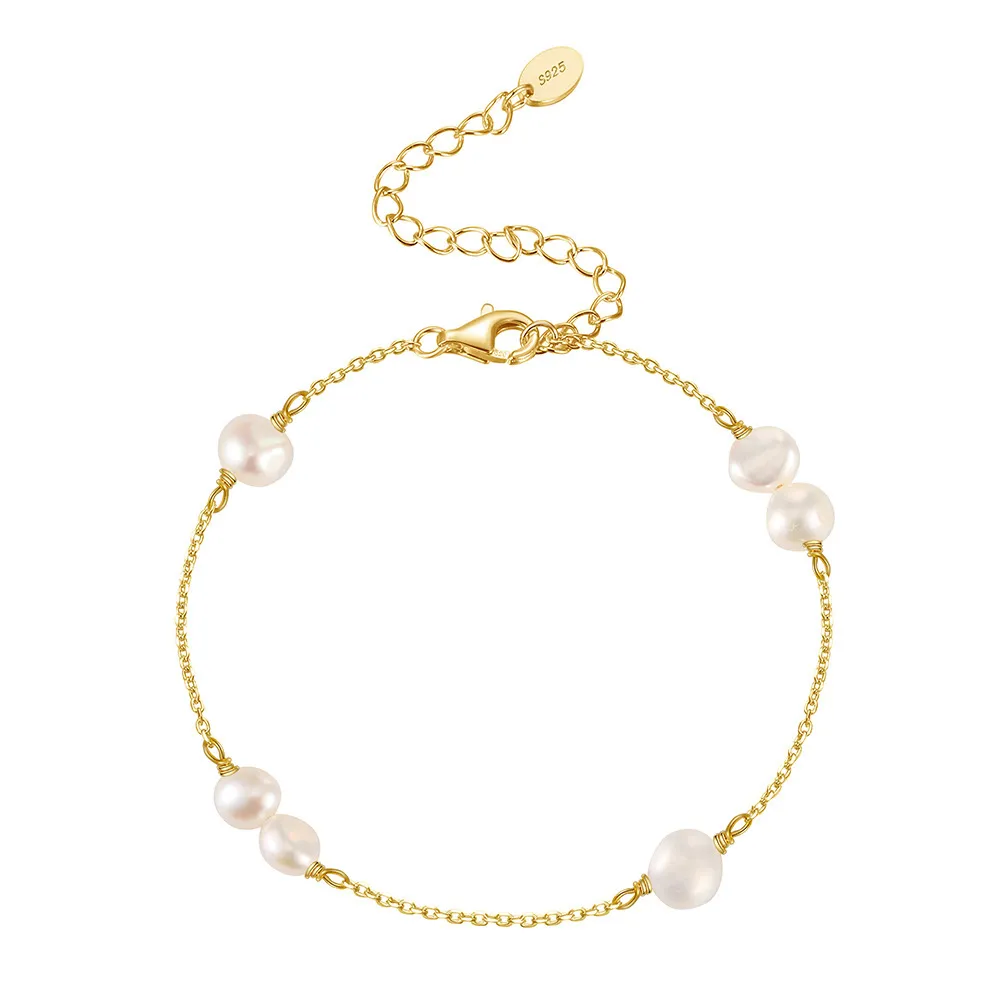 925 Sterling Silver Pearl Dainty Chain Bracelet 100500036