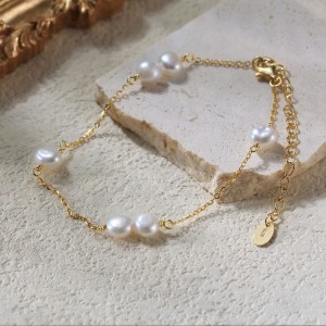 925 Sterling Silver Pearl Dainty Chain Bracelet 100500036