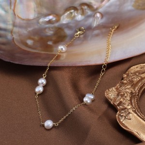 925 Sterling Silver Pearl Dainty Chain Bracelet 100500036