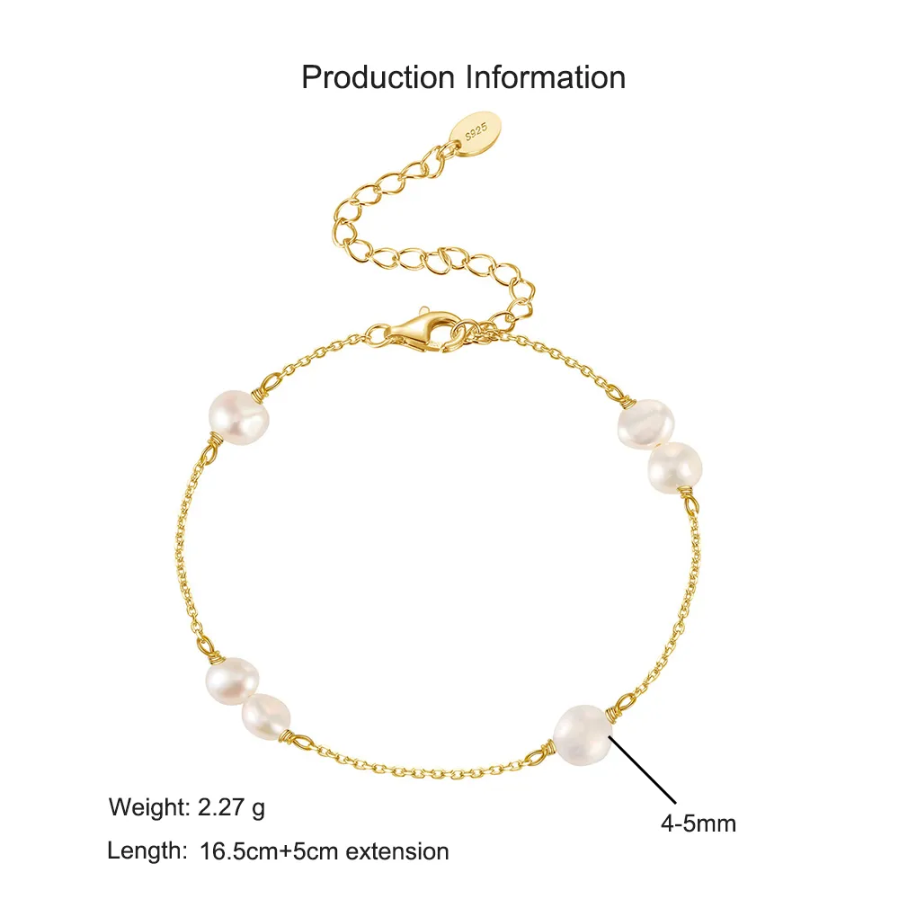 925 Sterling Silver Pearl Dainty Chain Bracelet 100500036 - image2
