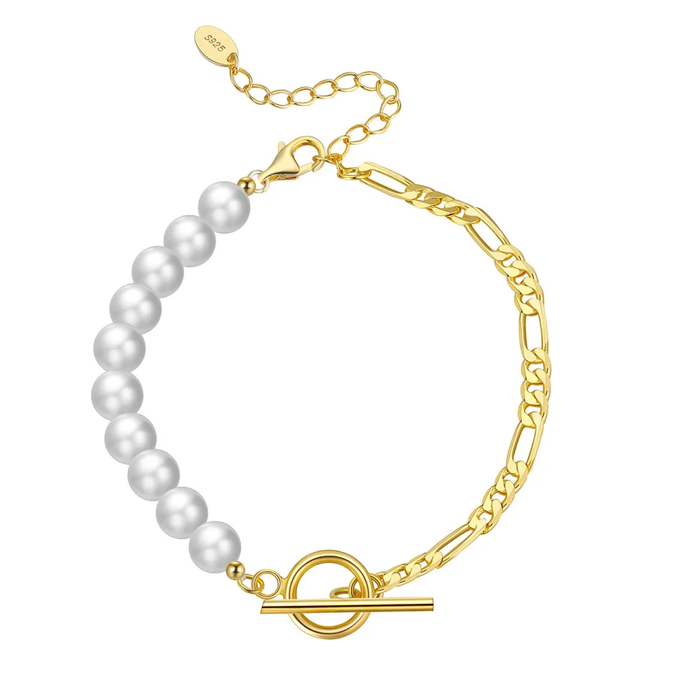 925 Sterling Silver Pearl Figaro Chain T-Bar Clasp Bracelet 100500042