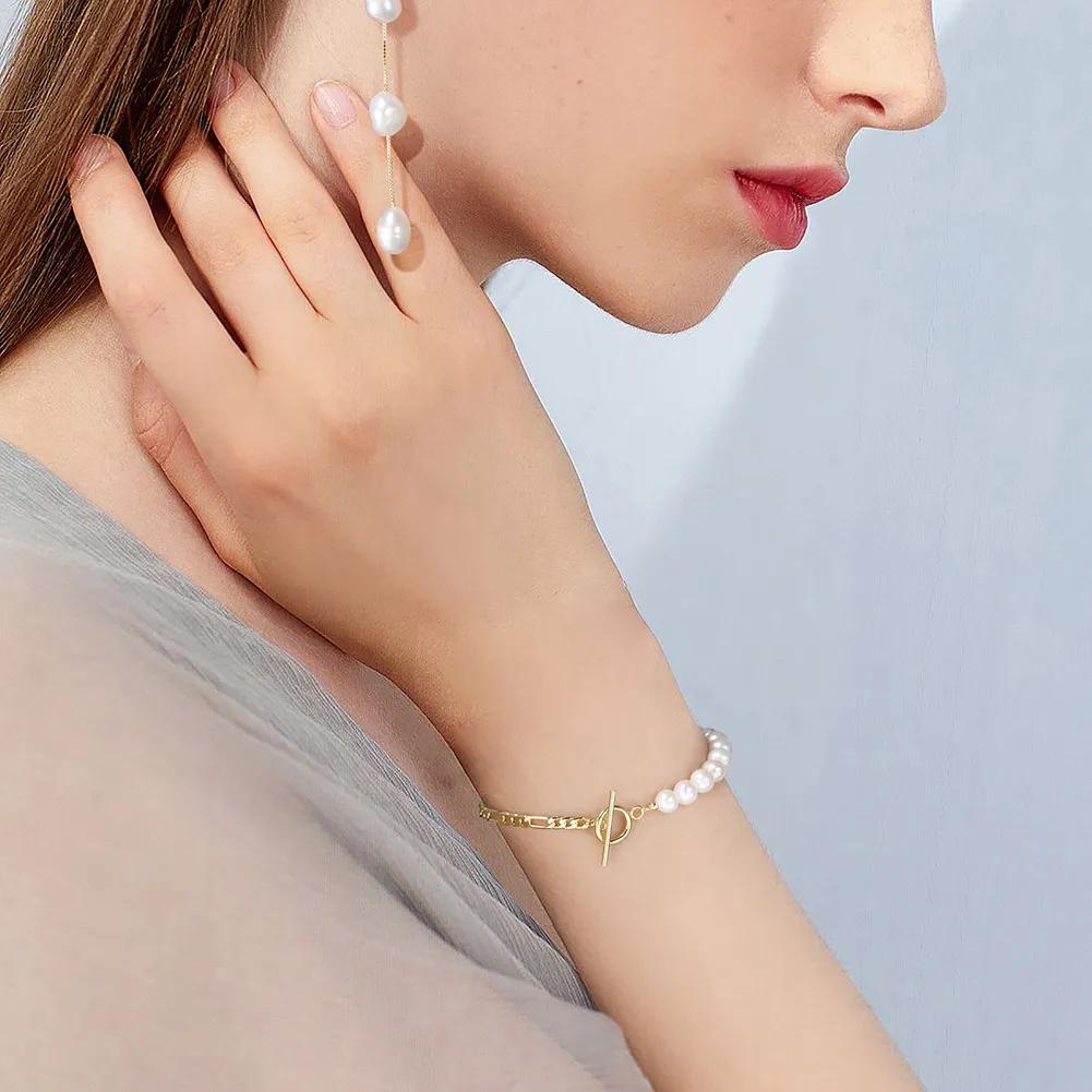 925 Sterling Silver Pearl Figaro Chain T-Bar Clasp Bracelet 100500042 - image1