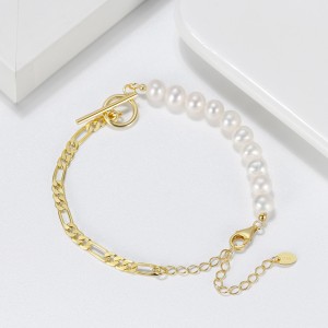 925 Sterling Silver Pearl Figaro Chain T-Bar Clasp Bracelet 100500042