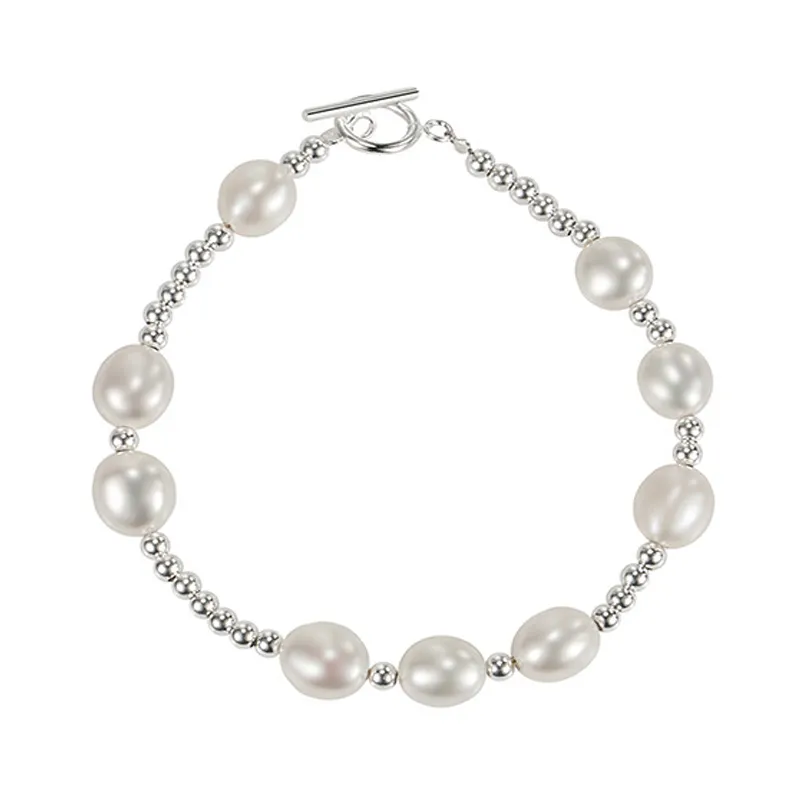 925 Sterling Silver Baroque Freshwater Pearl Beaded Bracelet 100500045