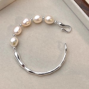 925 Sterling Silver Freshwater Pearl Half Bangle Bracelet 100500046