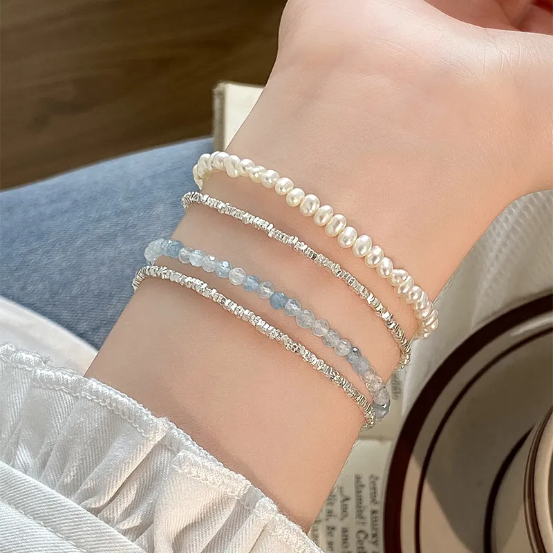 925 Sterling Silver Aquamarine Fresh Water Pearl Bracelet 100500047 - image1