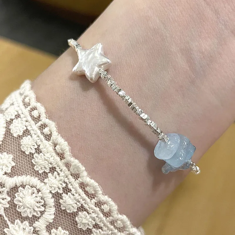 925 Sterling Silver Vintage Aquamarine Pearl Crystal Bracelet 100500048 - image2