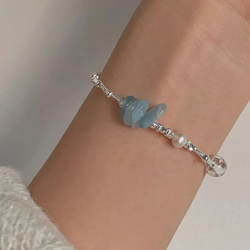 925 Sterling Silver Aquamarine Pearl Crystal Bracelets 100500049 - image1