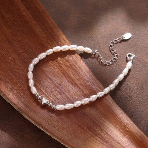 925 Sterling Silver Freshwater Pearl Heart Bracelet 100500051