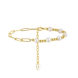 925 Sterling Silver Spliced Paperclip Pearl Bracelet 100500052