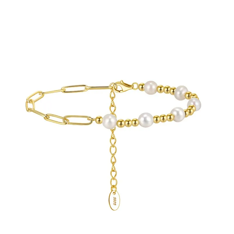925 Sterling Silver Spliced Paperclip Pearl Bracelet 100500052