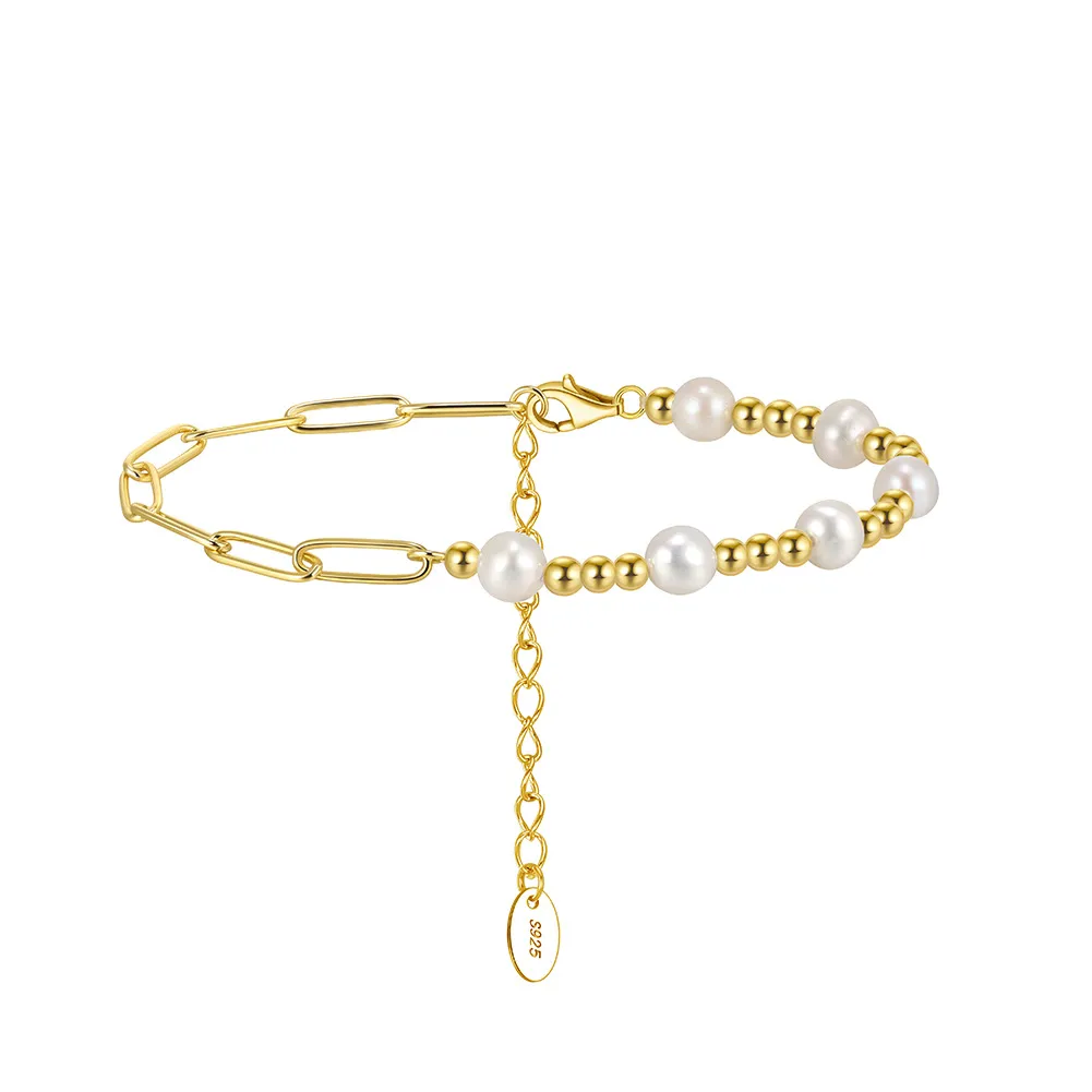 925 Sterling Silver Spliced Paperclip Pearl Bracelet 100500052