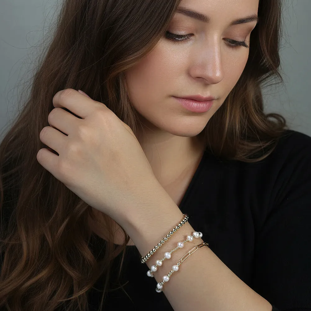 925 Sterling Silver Spliced Paperclip Pearl Bracelet 100500052 - image1