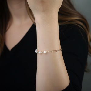 925 Sterling Silver Spliced Paperclip Pearl Bracelet 100500052