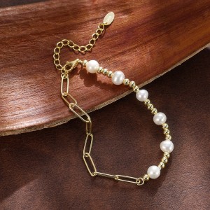 925 Sterling Silver Spliced Paperclip Pearl Bracelet 100500052