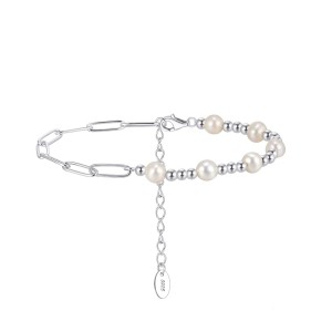 925 Sterling Silver Spliced Paperclip Pearl Bracelet 100500052