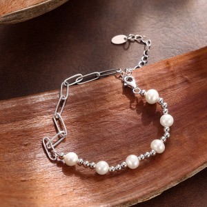 925 Sterling Silver Spliced Paperclip Pearl Bracelet 100500052