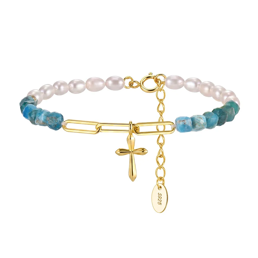 Wholesale 925 Sterling Silver Apatite Freshwater Pearl Cross Charm Bracelet 100500056 Wholesale 925 Sterling Silver Apatite Freshwater Pearl Cross Charm Bracelet 100500056