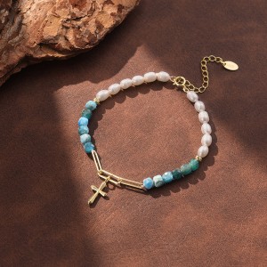 Wholesale 925 Sterling Silver Apatite Freshwater Pearl Cross Charm Bracelet 100500056 Wholesale 925 Sterling Silver Apatite Freshwater Pearl Cross Charm Bracelet 100500056