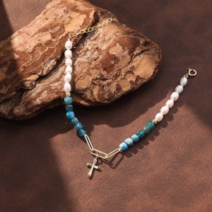 Wholesale 925 Sterling Silver Apatite Freshwater Pearl Cross Charm Bracelet 100500056 Wholesale 925 Sterling Silver Apatite Freshwater Pearl Cross Charm Bracelet 100500056