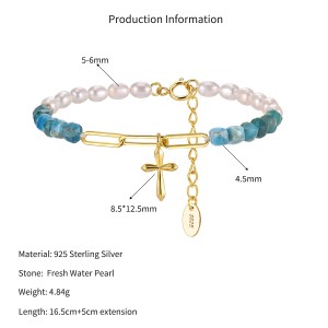 Wholesale 925 Sterling Silver Apatite Freshwater Pearl Cross Charm Bracelet 100500056 Wholesale 925 Sterling Silver Apatite Freshwater Pearl Cross Charm Bracelet 100500056