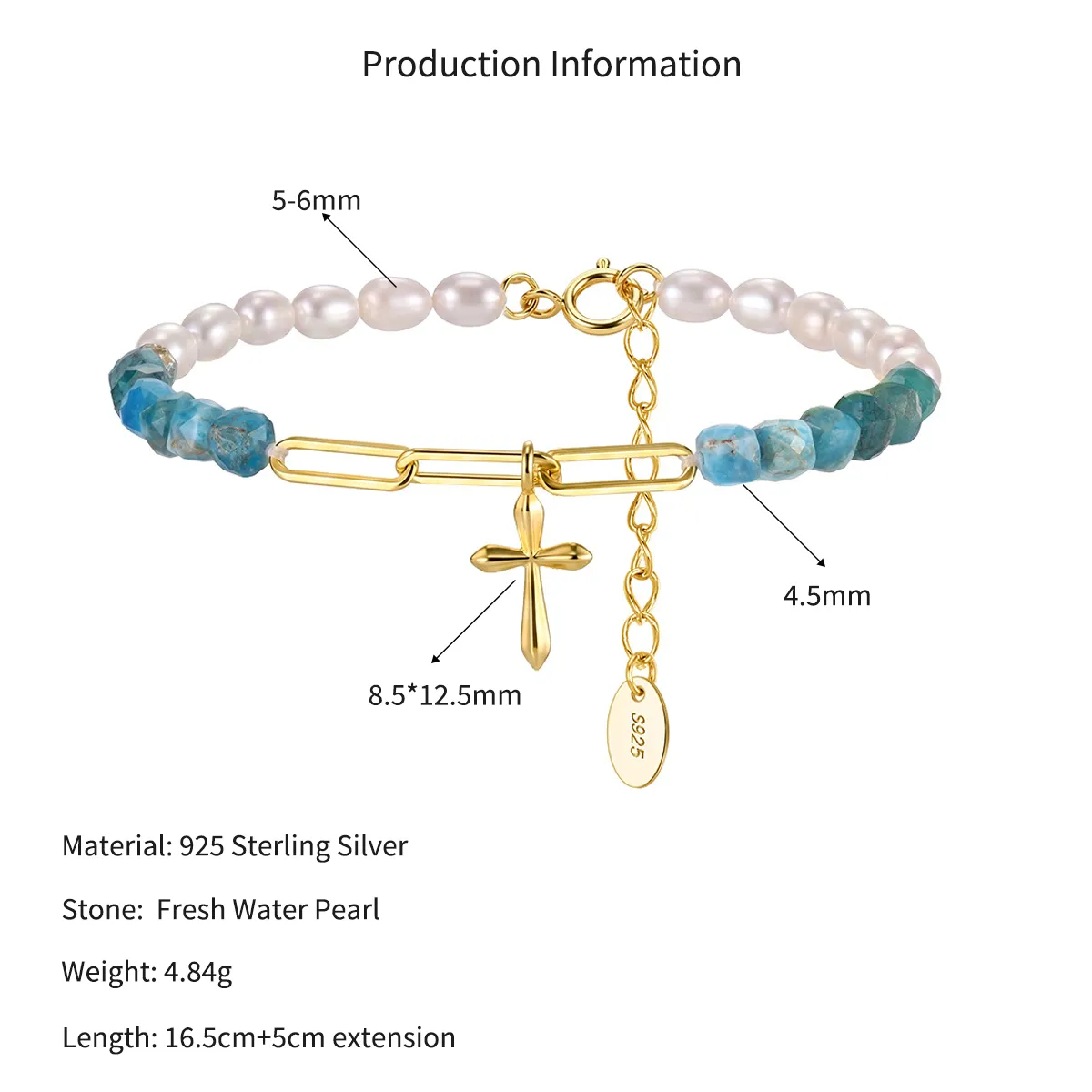 Wholesale 925 Sterling Silver Apatite Freshwater Pearl Cross Charm Bracelet 100500056 - image2