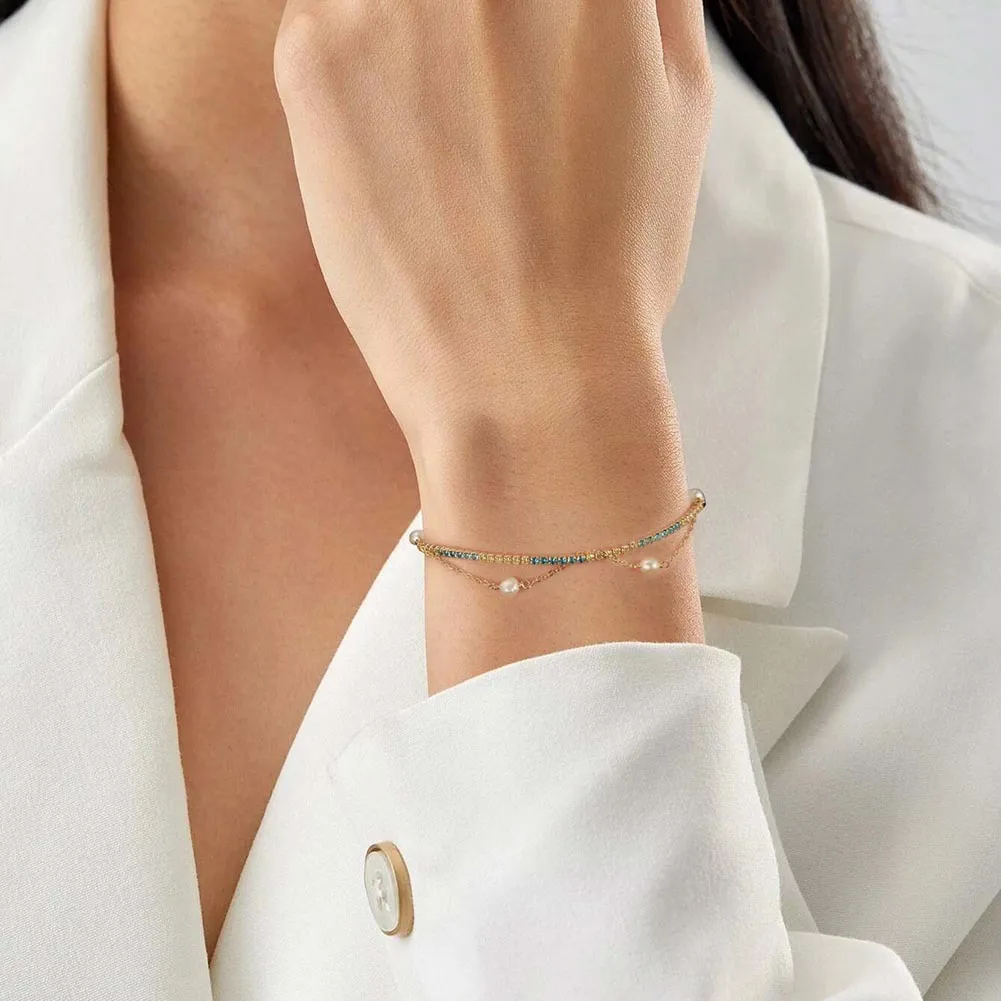 Wholesale 925 Sterling Silver Freshwater Pearl CZ Layered Tennis Bracelet 100500061 - image1