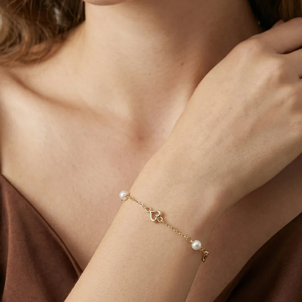 Wholesale 925 Sterling Silver Freshwater Pearl Heart Link Bracelet 100500062 - image1