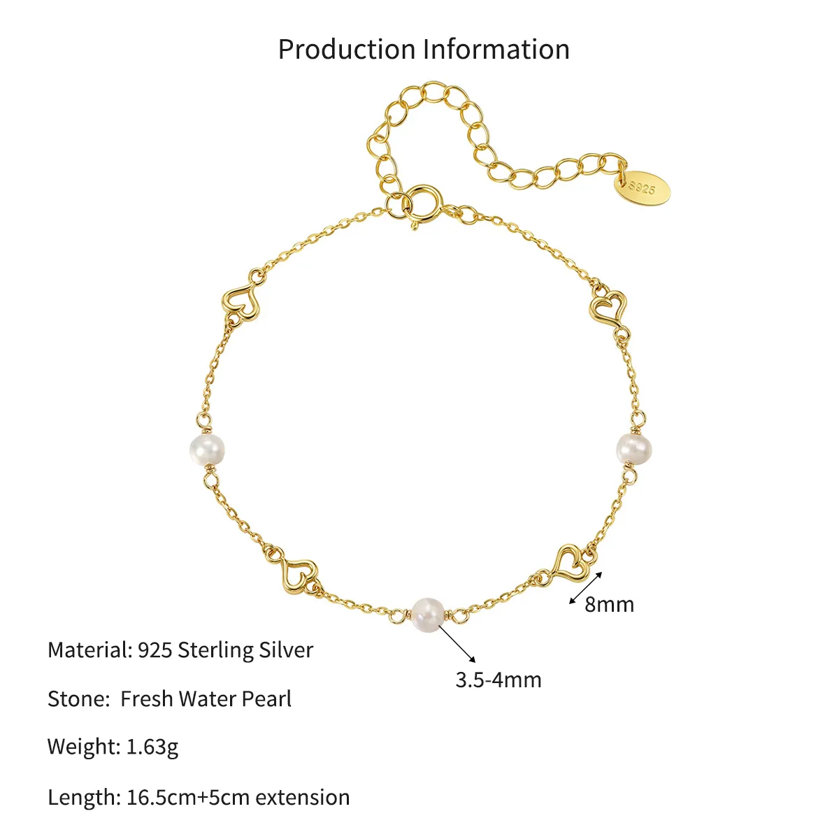 Wholesale 925 Sterling Silver Freshwater Pearl Heart Link Bracelet 100500062 - image2