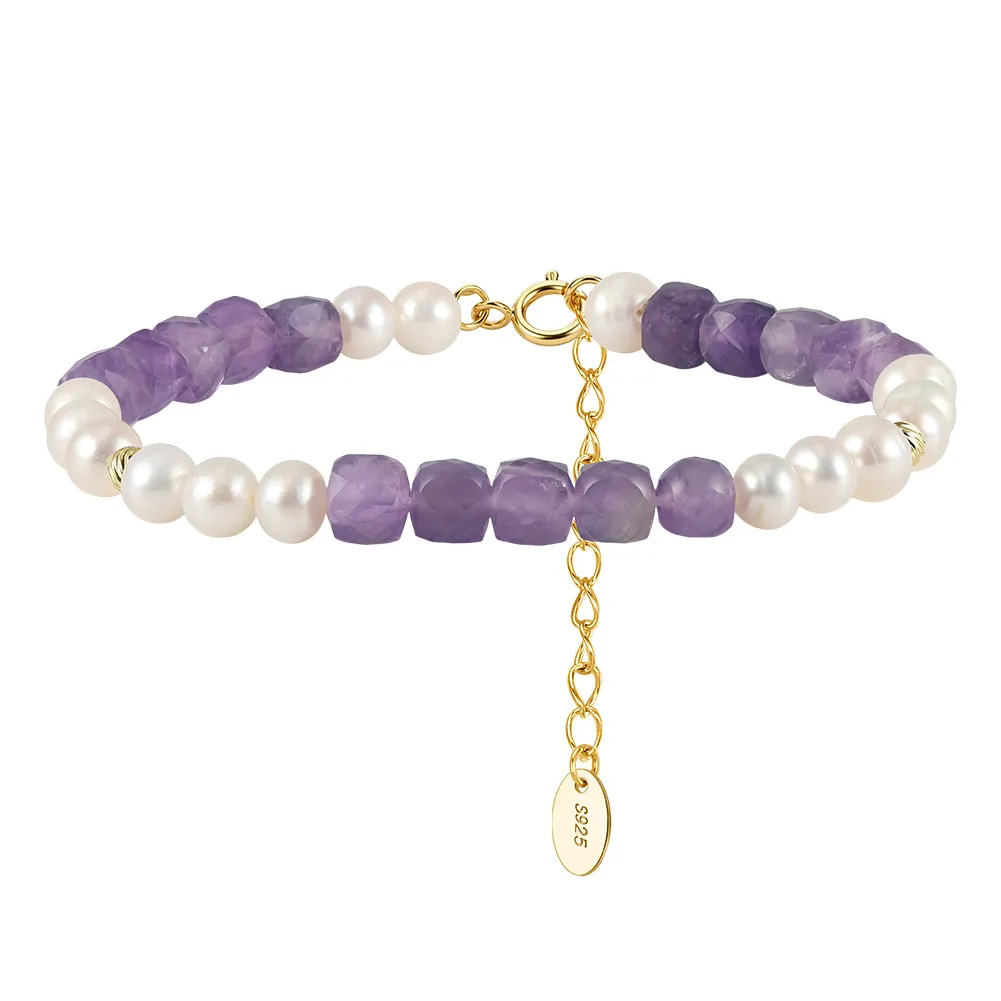 Wholesale 925 Sterling Silver Freshwater Pearl Amethyst Beaded Bracelet 100500063