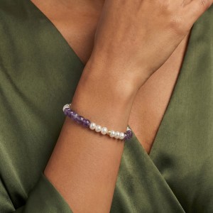 Wholesale 925 Sterling Silver Freshwater Pearl Amethyst Beaded Bracelet 100500063