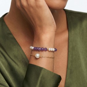 Wholesale 925 Sterling Silver Freshwater Pearl Amethyst Beaded Bracelet 100500063
