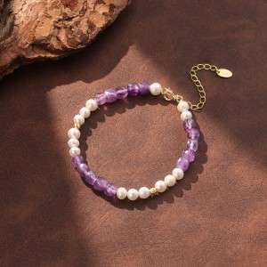 Wholesale 925 Sterling Silver Freshwater Pearl Amethyst Beaded Bracelet 100500063