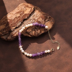 Wholesale 925 Sterling Silver Freshwater Pearl Amethyst Beaded Bracelet 100500063
