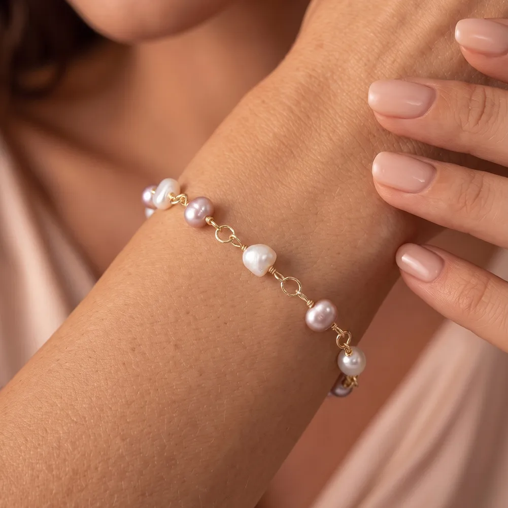 Wholesale 925 Sterling Silver Multicolor Freshwater Pearl Link Bracelet 100500067 - image1