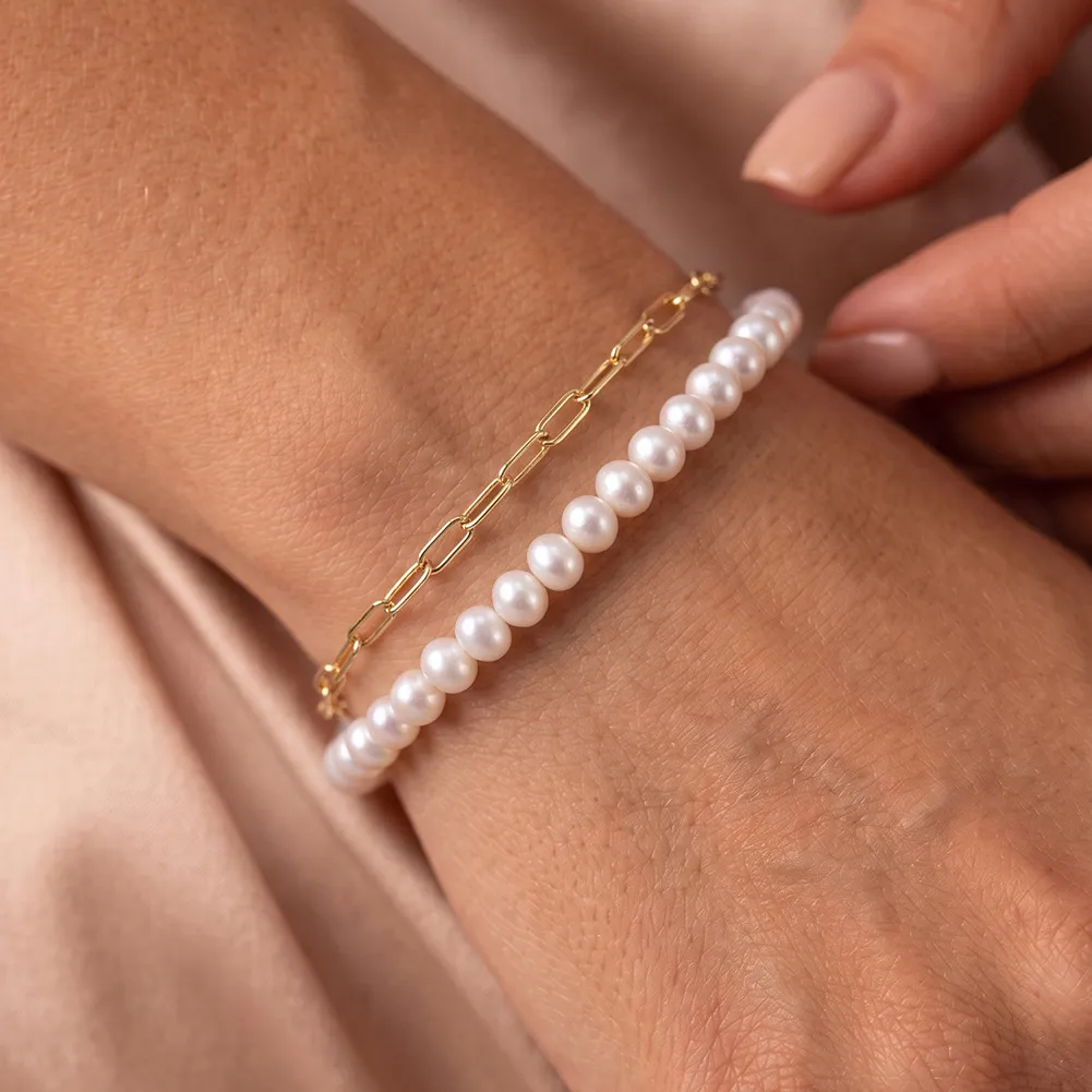 Wholesale 925 Sterling Silver Double Layer Freshwater Pearl Paperclip Chain Bracelet 100500071 - image1