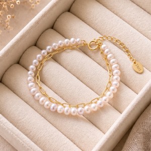Wholesale 925 Sterling Silver Double Layer Freshwater Pearl Paperclip Chain Bracelet 100500071 Wholesale 925 Sterling Silver Double Layer Freshwater Pearl Paperclip Chain Bracelet 100500071