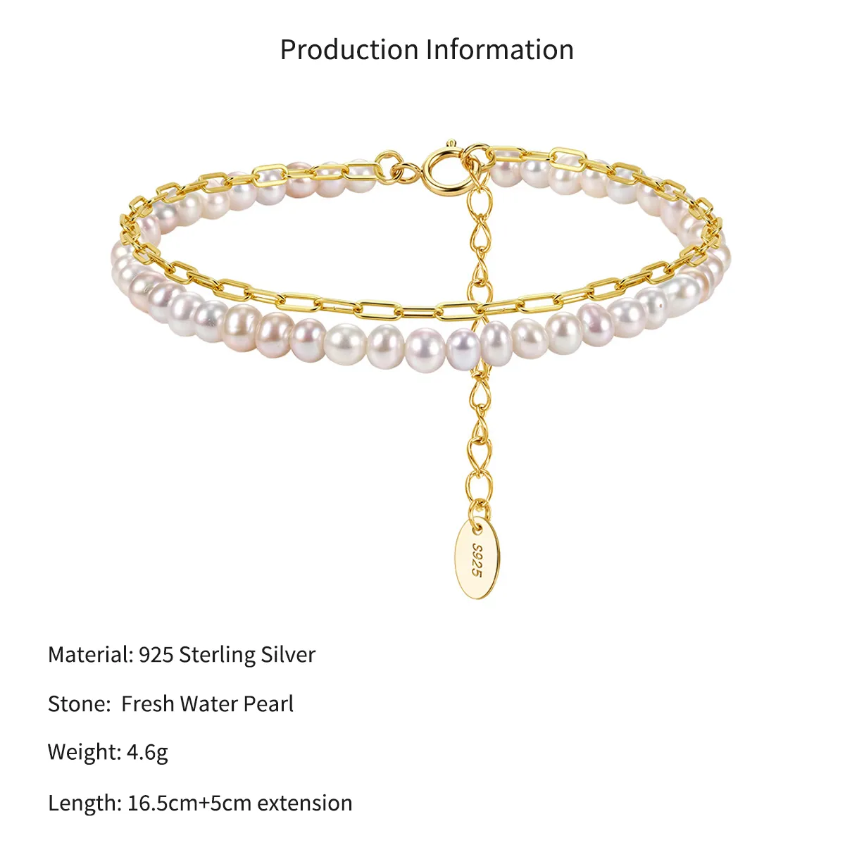Wholesale 925 Sterling Silver Double Layer Freshwater Pearl Paperclip Chain Bracelet 100500071 - image2