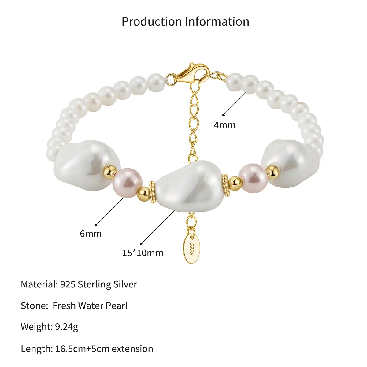 Wholesale 925 Sterling Silver Irregular Shell Pearl Bracelet 100500074 - image2