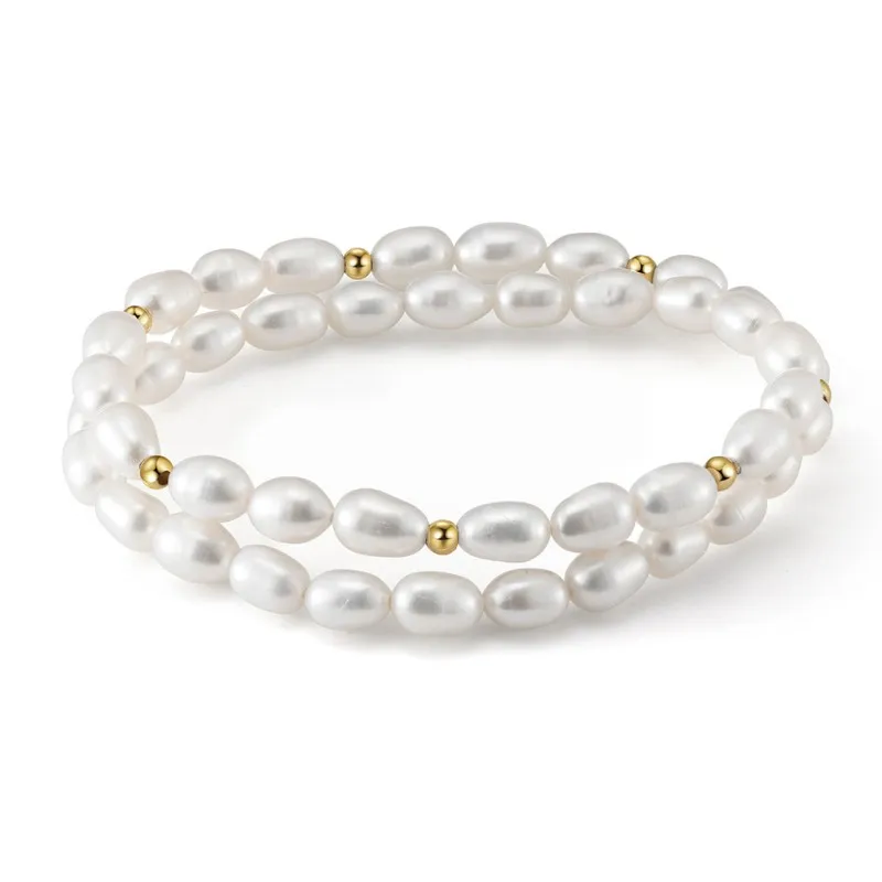 Wholesale 925 Sterling Silver Freshwater Pearl Double Wrap Stretch Bracelet 100500079
