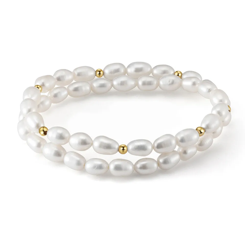 Wholesale 925 Sterling Silver Freshwater Pearl Double Wrap Stretch Bracelet 100500079