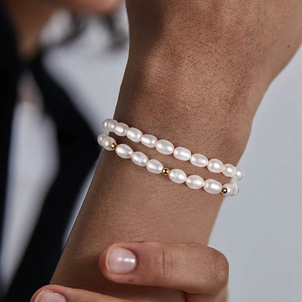 Wholesale 925 Sterling Silver Freshwater Pearl Double Wrap Stretch Bracelet 100500079 - image1