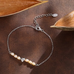 Wholesale 925 Sterling Silver Freshwater Pearl Heart Charm Bracelet 100500080